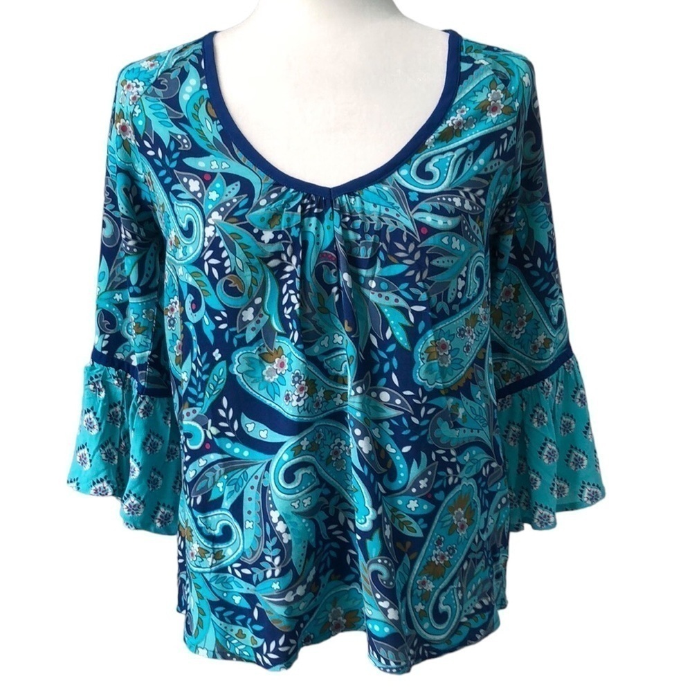 Vera Bradley Blue Daisy Paisley Flutter Sleeve V Neck Pullover Size S NWT